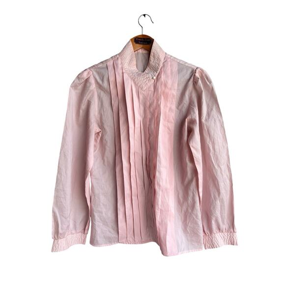 Tops - Vintage Women's LARGE Career Blouse 80s Pleated Long Sleeve Button Up Satin Pink